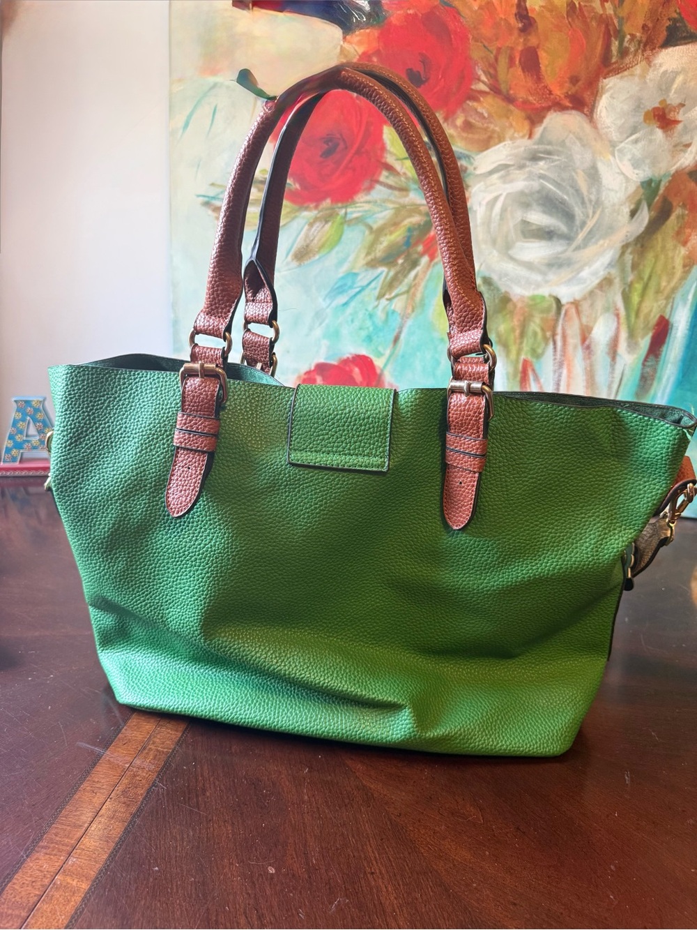 J & D Paris Women's Green Large Bag Faux Leather Handbag Floral Grommets Strap - Picture 4 of 11